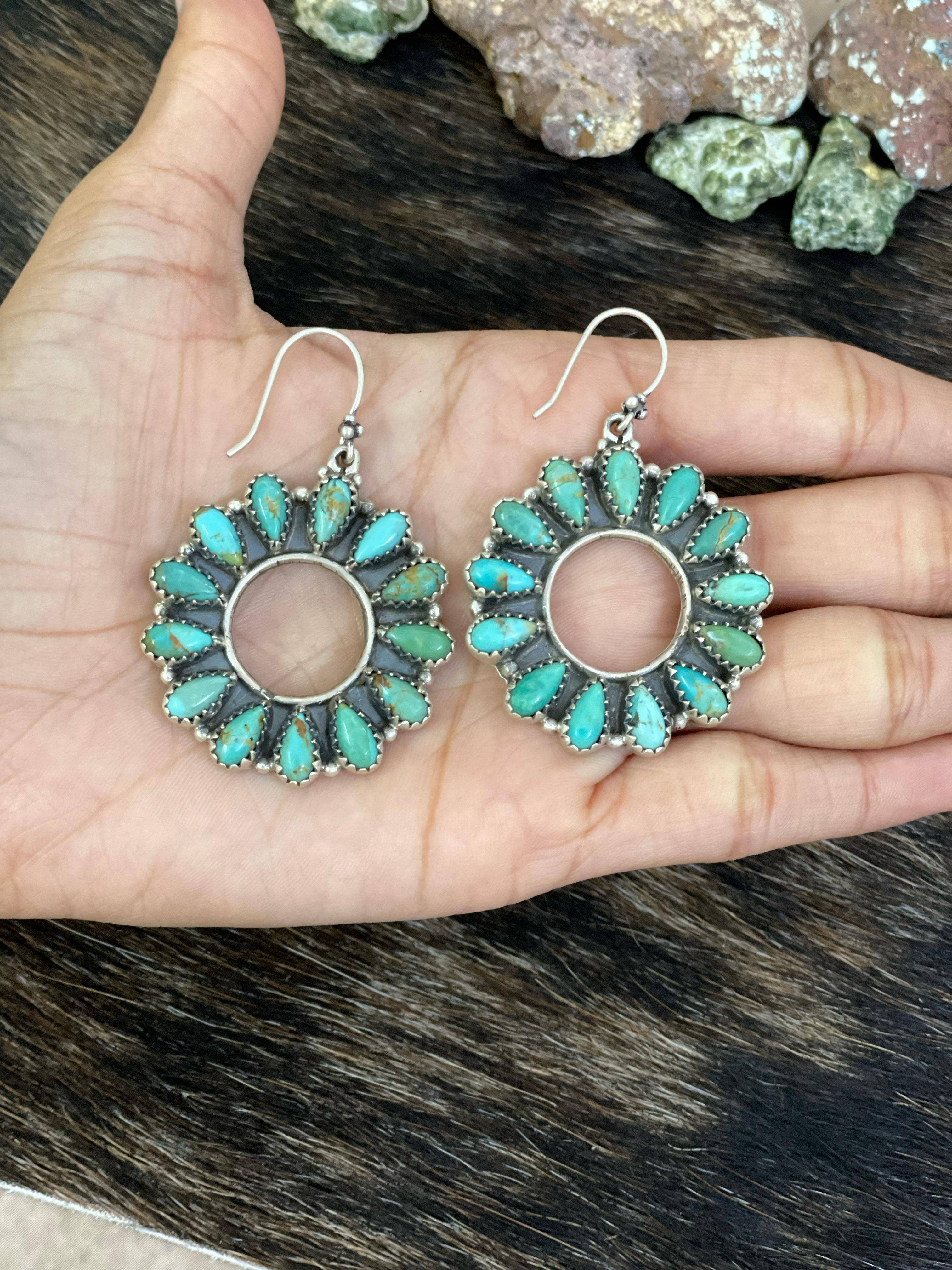 Nizhonitradersllc – wholesale Dangle earrings – Handmade Sterling Silver Cotton Candy, Red Rose Dahlia, White Buffalo, Kingman Turquoise Circle Dangle Earrings with Signed Nizhoni4