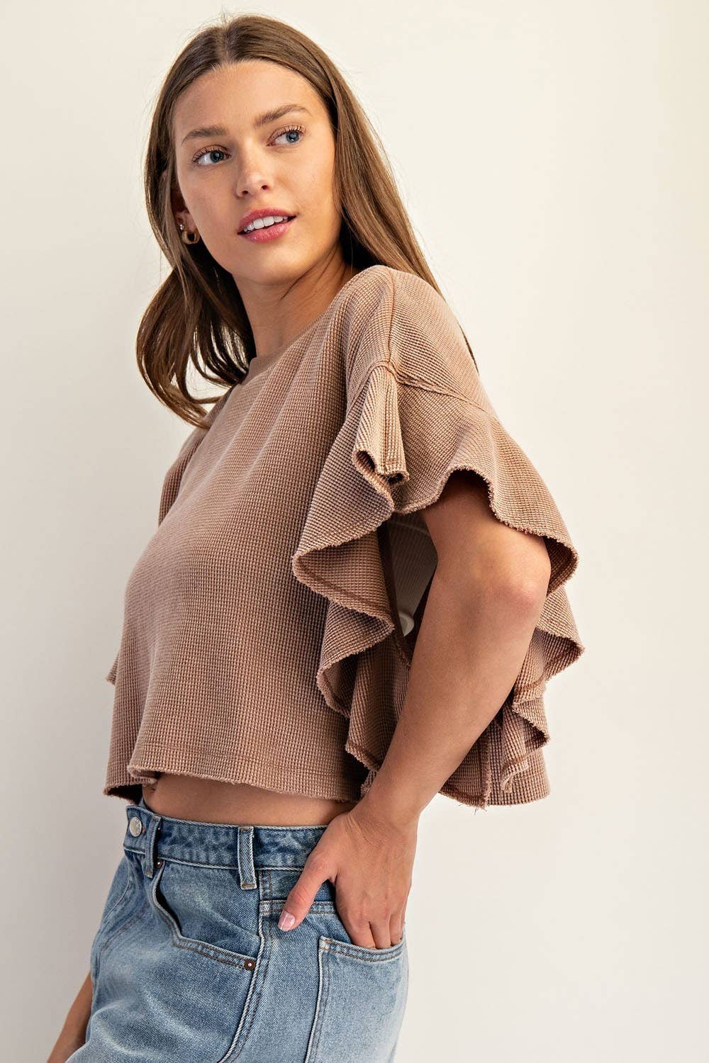 Peace Love Line – wholesale Knit top – Women's – PL8297 - WAFFLE KNIT TIERED FLUTTER SLEEVE CROP TOP11