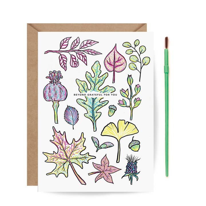 Inklings Paperie - Wholesale Thank you card - Paint With Water Card - Grateful Leaves