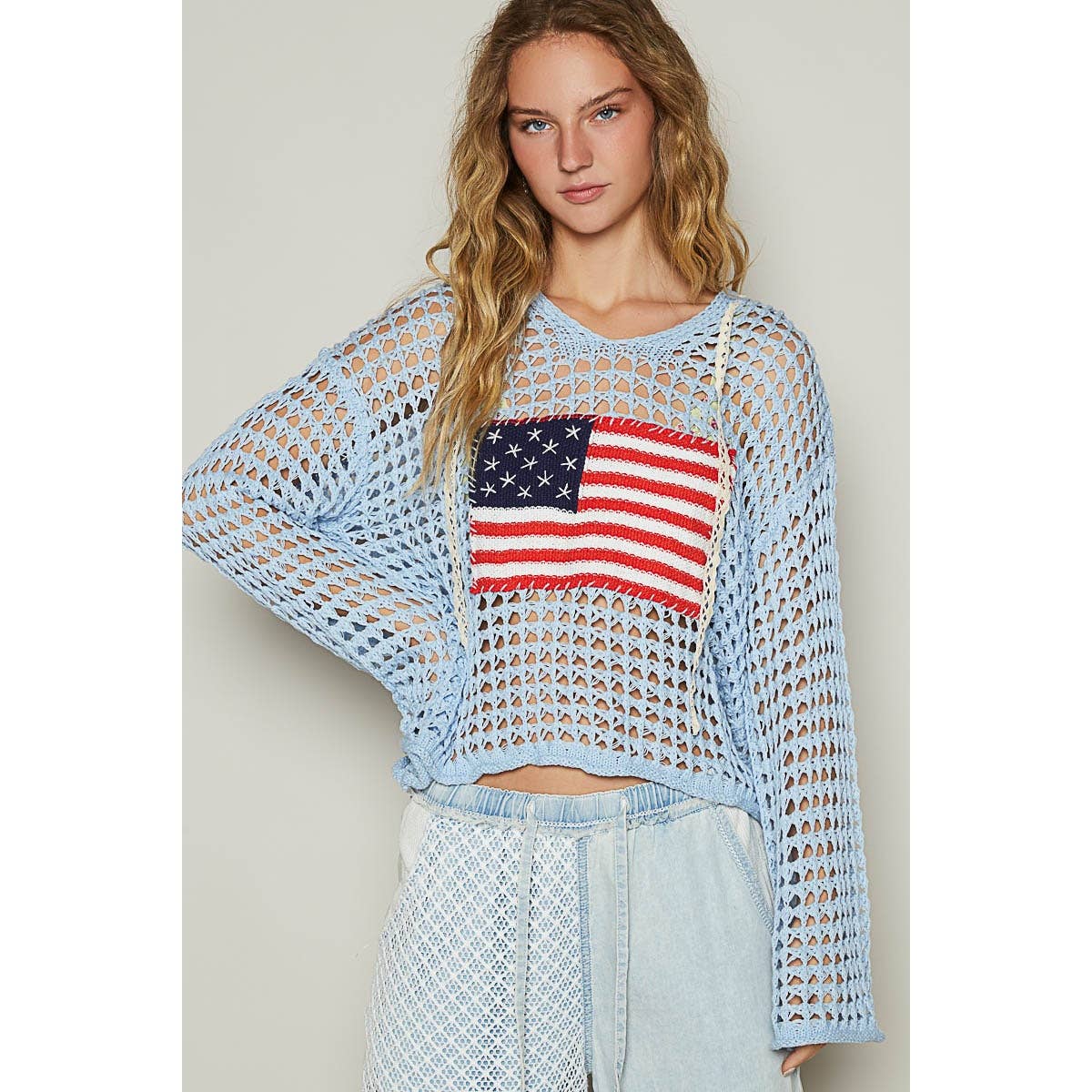 Apolline - Wholesale Knit Sweater - Women's - V Neck American Flag Hoodie Sweater Patriotic Cozy and Styli12