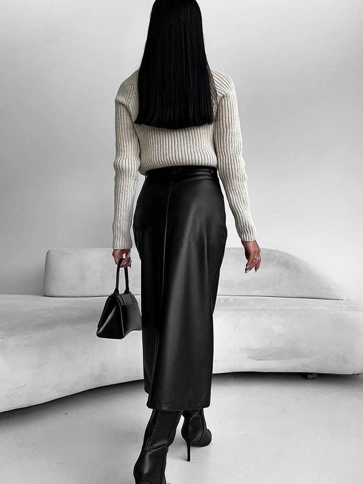 NINEXIS - Wholesale Skirt - Women's - CWBMS0250_VINTAGE PLUS VELVET PU LEATHER SLIT SKIRT10