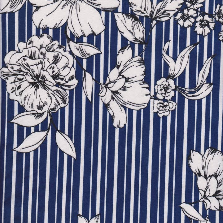 Cutting Edge Trade - Wholesale Fabric - White Florals and Stripe on Double Brushed Poly Lycra Jersey