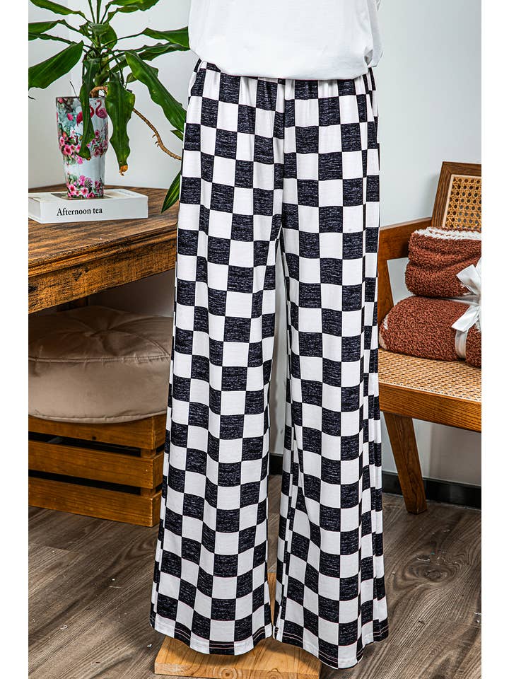 fashionworks - Wholesale Pants - Women's - Fashion-W 2-Tone Checked Print High Waist Wide Leg Pants