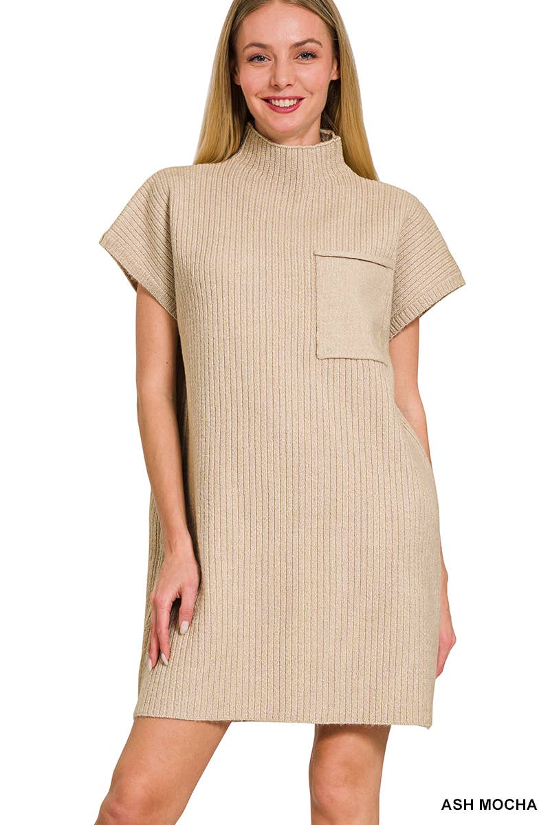 42POPS - Wholesale Dress - Women's - ..SI-26560 Mock Neck Short Sleeve Sweater Dress With Pocket18