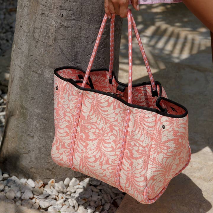 LARGE NEOPRENE TOTE BAG PALM PRINT PINK for wholesale by Pop Ups Brand