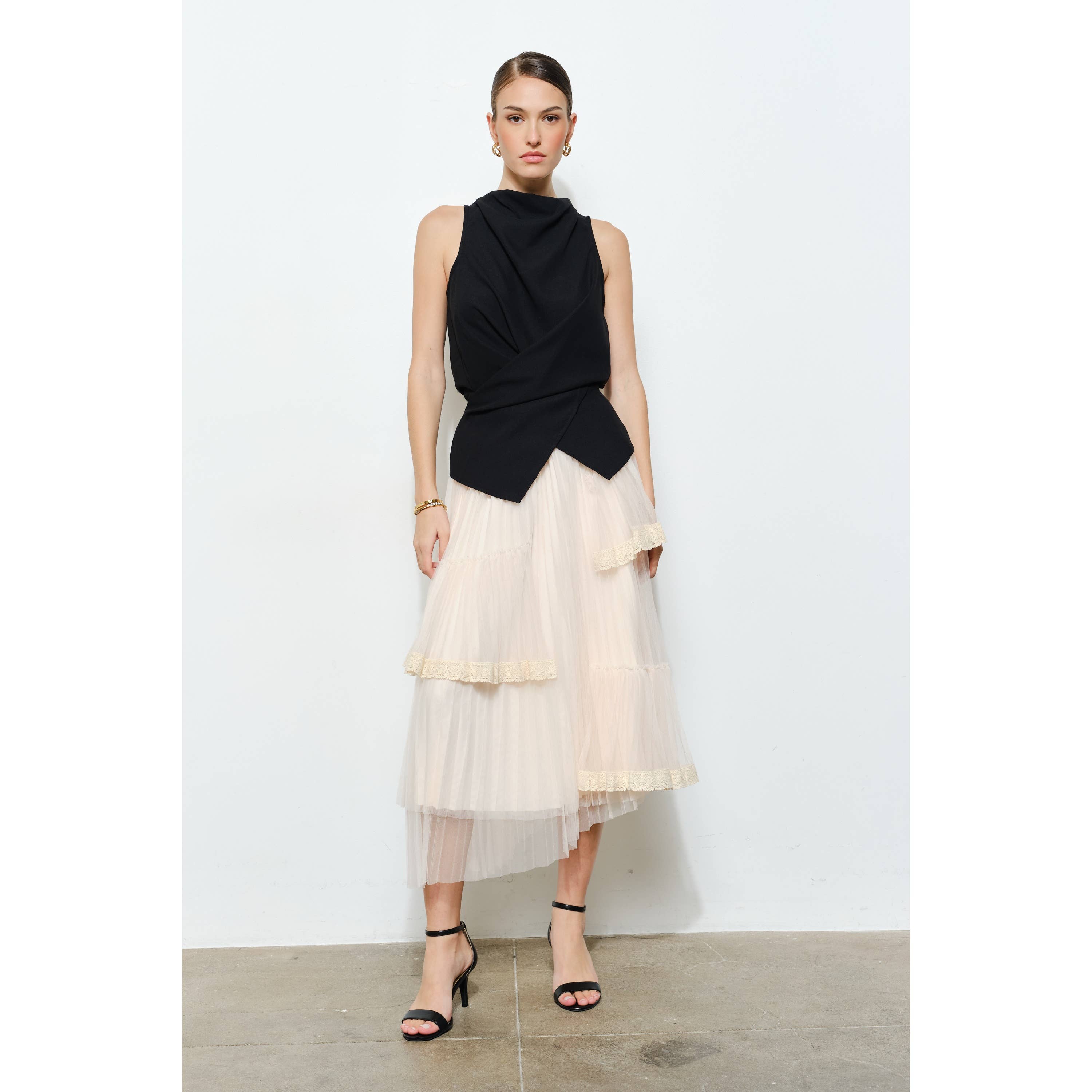 INA - Vente Jupe – femme - Jupe midi superposée élégante avec bordure en dentelle transparente14