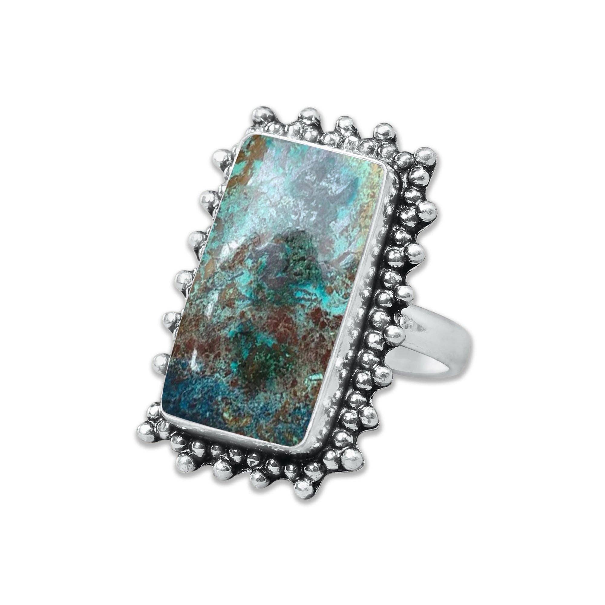 Handmade Jewels – wholesale Cocktail/Statement Ring – Chrysocolla-ringar – Silverpläterade, Handgjorda, Jordnära Havsgröna (US Storlekar 6–10, Tillverkade på Beställning)10