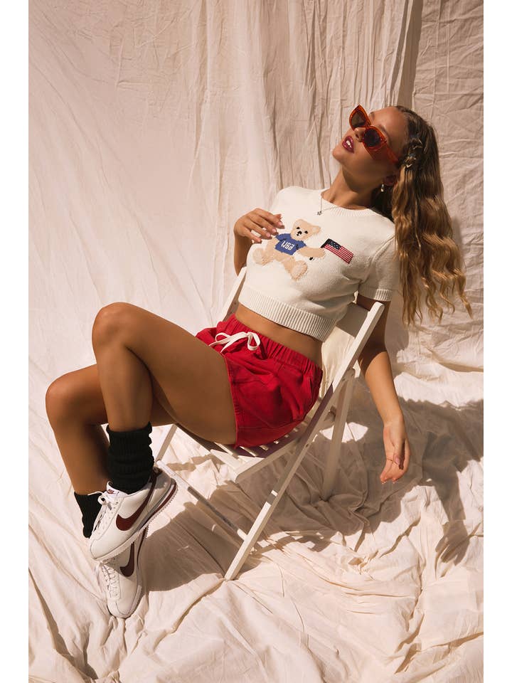 White "TEDDY BEAR WITH USA FLAG" GRAPHIC CREW NECK SWEATER TOP for wholesale on Faire