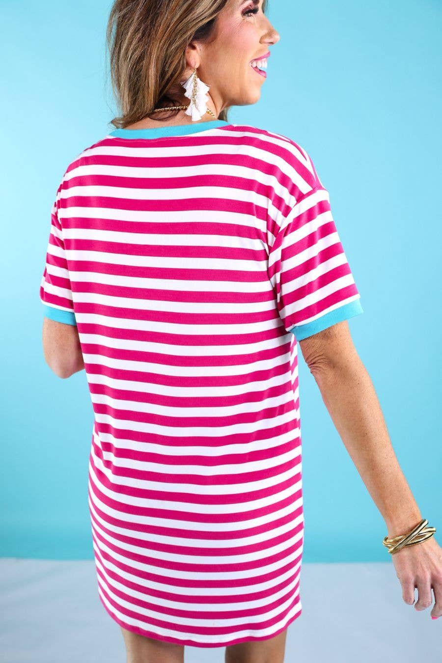 Hot Pink Living In Stripes Dress, Pink/Teal for wholesale on Faire2