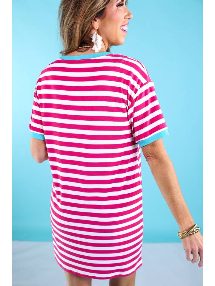 Hot Pink Living In Stripes Dress, Pink/Teal for wholesale on Faire2