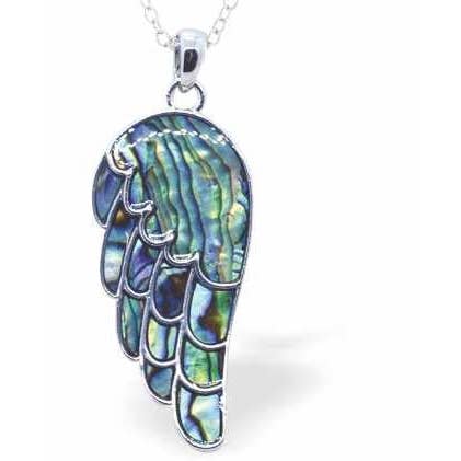 Paua Shell Large Angel's Wing Necklace, Rhodium Plated for wholesale by Byzantium Collection Ltd