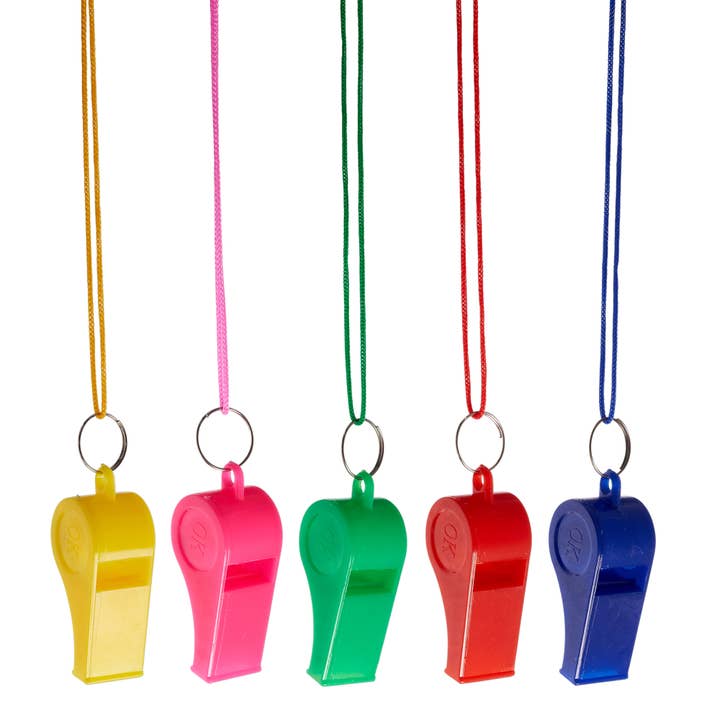 The Twiddlers - Wholesale Classic Toy - Kids - 60 Neon Whistles with Lanyards for Sports and Kids Party Bag