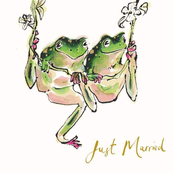 Just Married Frogs Gold Foil Card for wholesale by Anna Wright Ltd