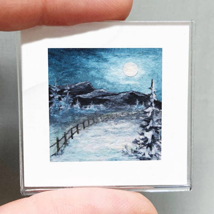 Mini 1" Moonlit Snowy Mountain Tiny Watercolor Framed Print for wholesale by Mick's Art Goods