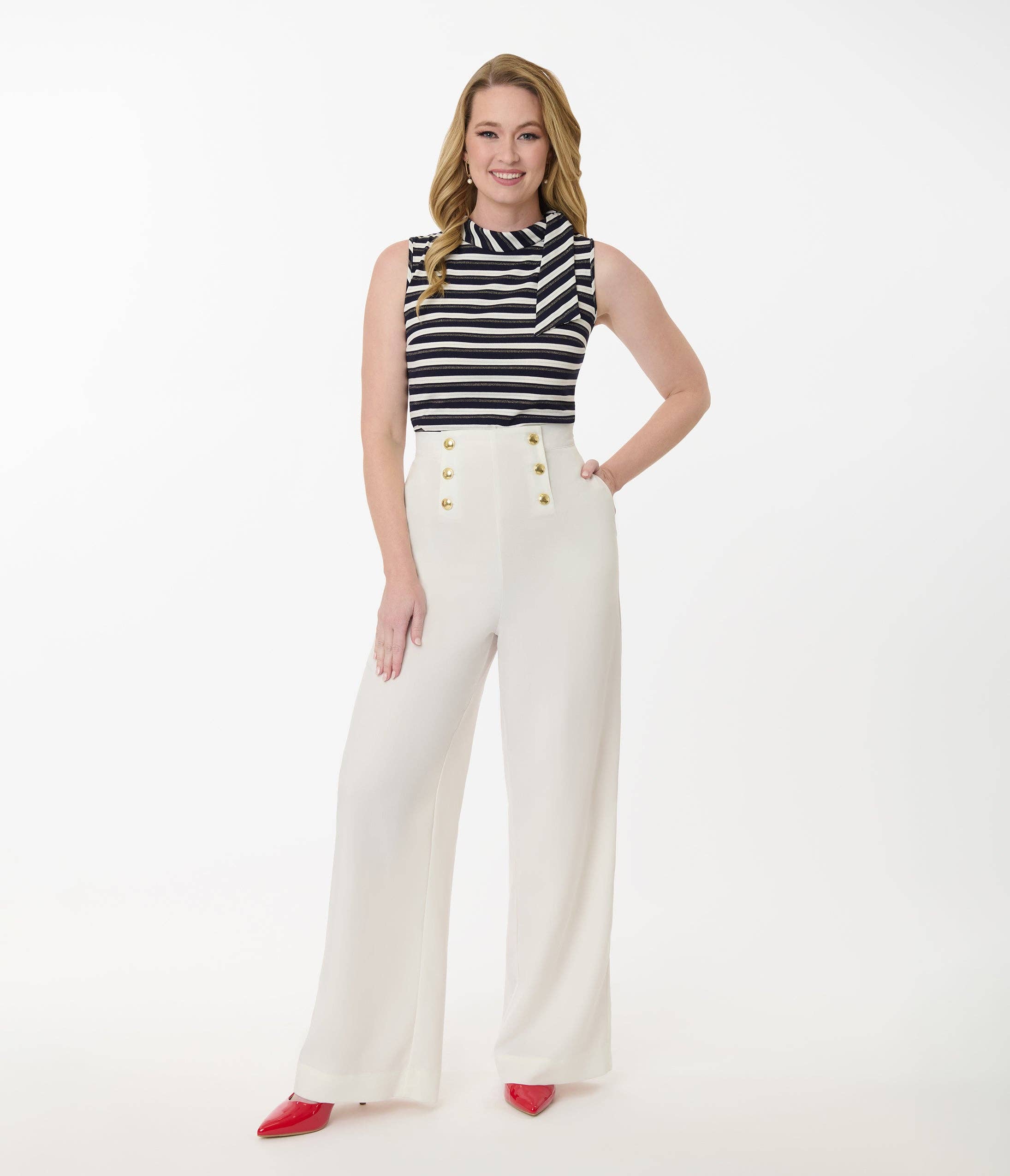 Unique Vintage - Wholesale Pants - Women's - Smak Parlour White & Gold Button Wide Leg Sailor Pants0