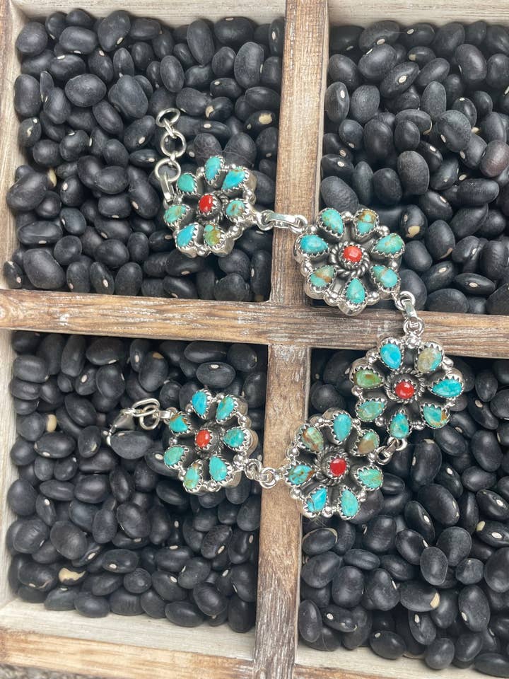 Handmade Sterling Silver Turquoise, & Coral Cluster Bracelet Signed Nizhoni for wholesale by Nizhonitradersllc