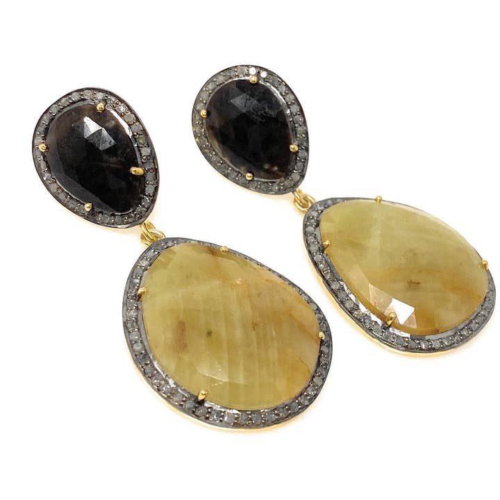 Rari orecchini con pavé di zaffiro giallo, orecchini con zaffiro giallo e zaffiro fumé Fancy, orecchini con pietre preziose autentiche per la vendita all'ingrosso da parte di Akstar Gems