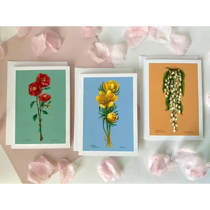 Cindy Tran Art - Vendita all'ingrosso Biglietti di auguri generici - Biglietto di Auguri Ranuncolo Invernale - “Speranza” - Fiore Invernale