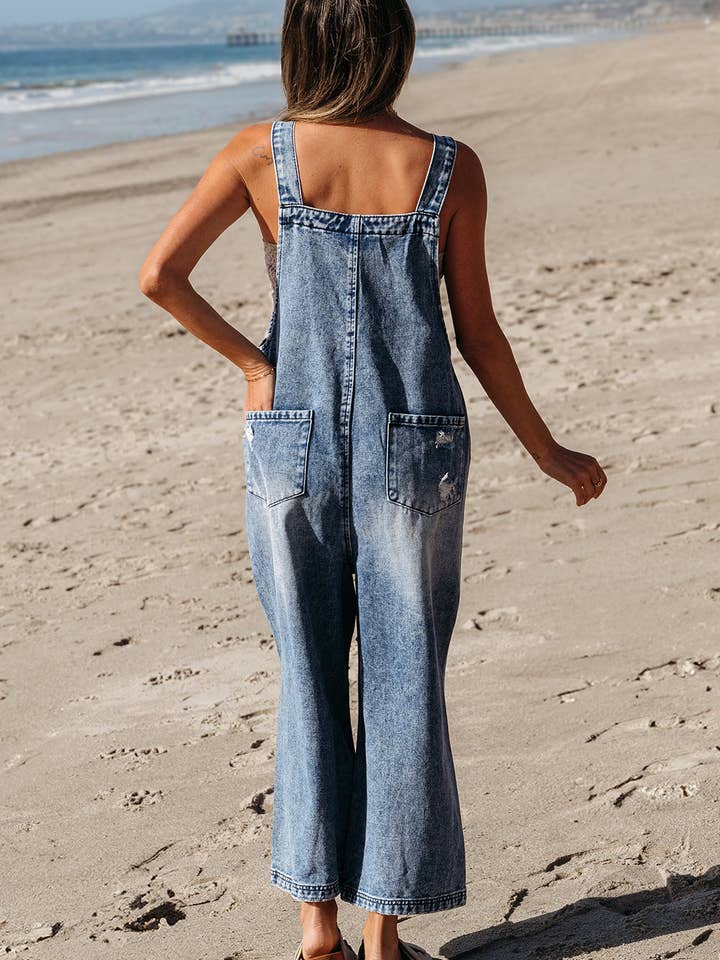 Threaded Pear - Wholesale Overall - Dames - Baylor Distressed Bib Pocket Wijde Pijp Denim Overall
