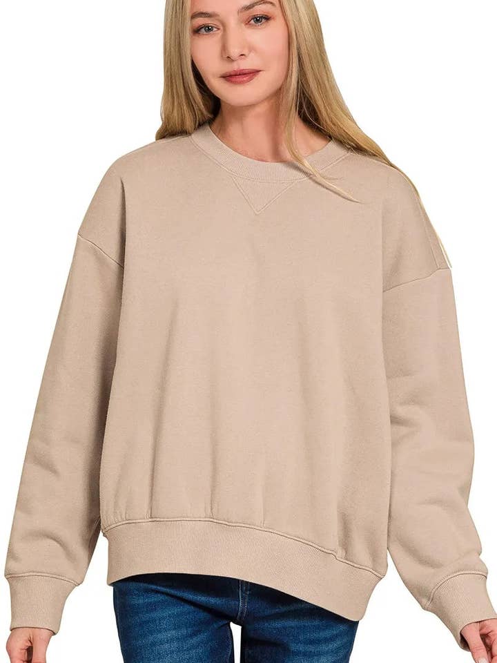 ASH MOCHA Zenana Fleece Long Sleeve Sweatshirts & Shorts Set for wholesale on Faire2