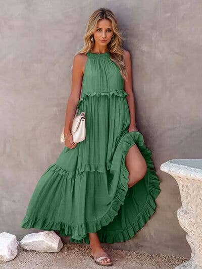 ClassiQ - Wholesale Dress - Women's - Ruffled Sleeveless Tiered Maxi Dress with Pockets4