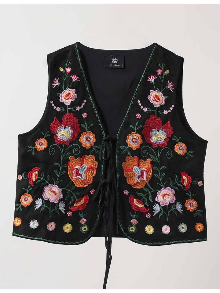 Black Ladies Floral Embroidery String Tie Sleeveless Vest Top for wholesale on Faire