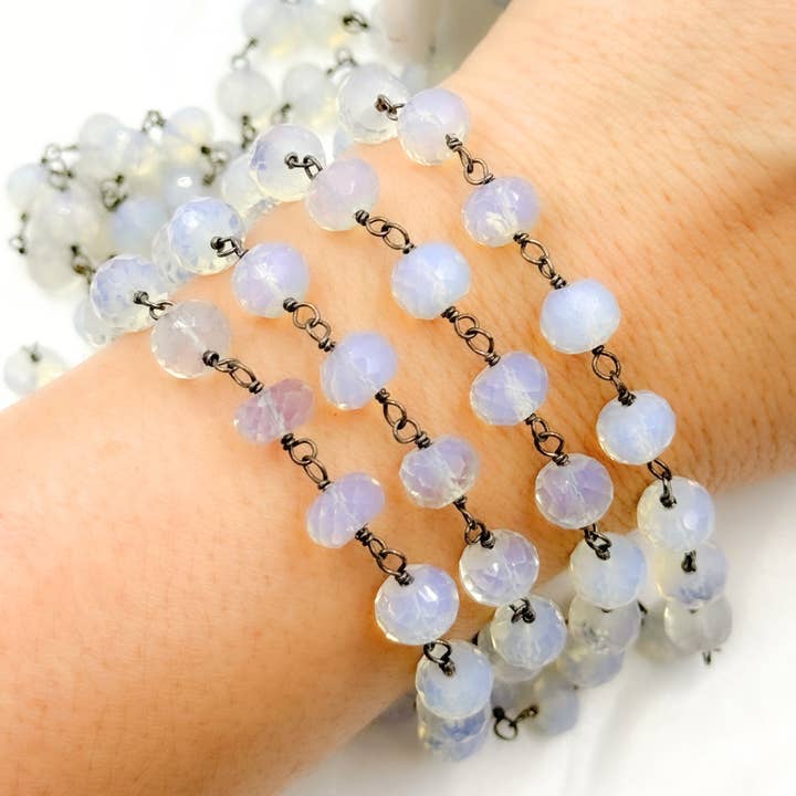 Tresor Jewelry Inc. - Wholesale Beaded Bracelet - Opalite Rondel Shape Oxidized Wire Chain. OPA16