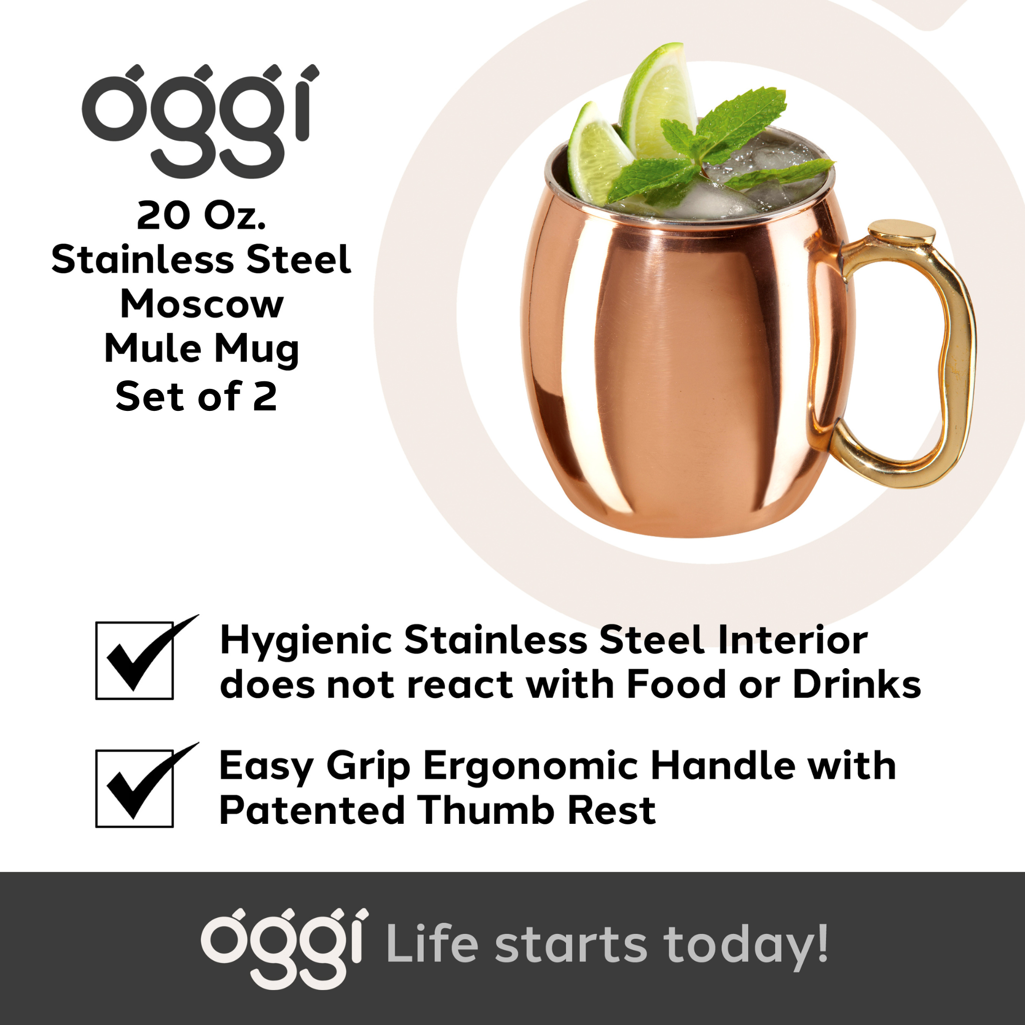 Oggi - Wholesale Cocktail/Liquor Glass - Moscow Mule Mugs - Set of 2 Stainless Steel (590 ml, 20 oz)4