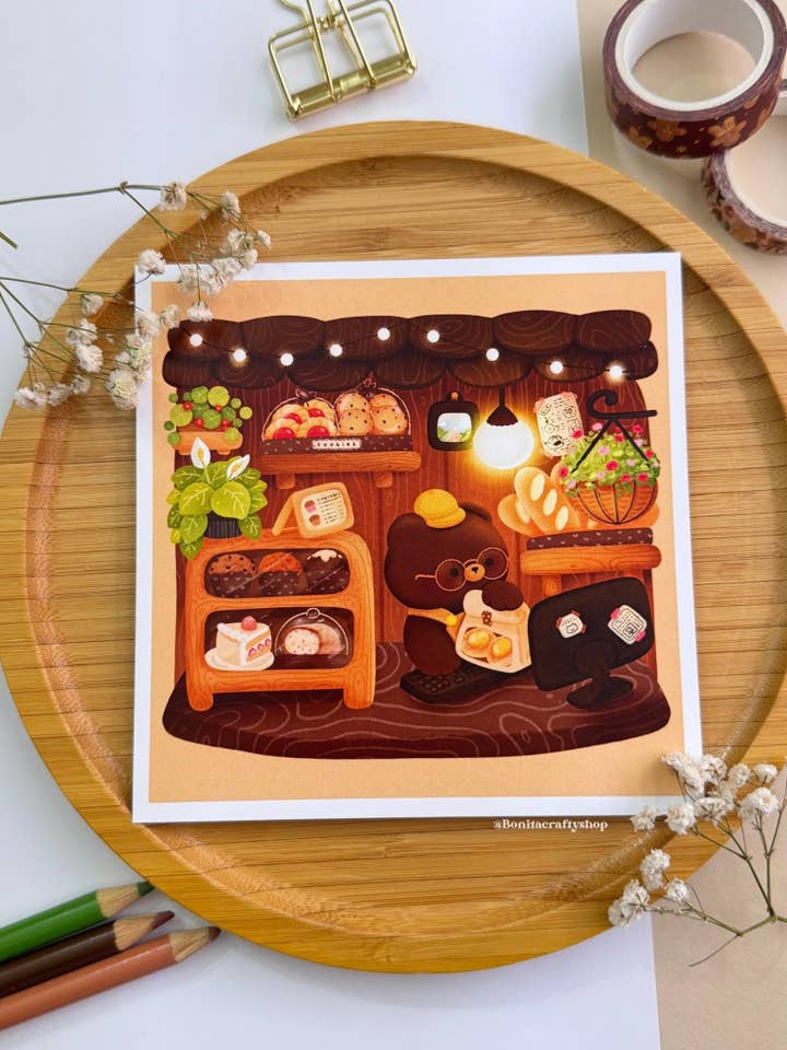 Cozy Bear Bakery Art Print on 130lb Satin Cardstock for wholesale by Bonita Crafty Shop