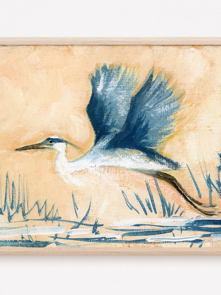 Benedict, ein horizontaler Druck eines Blaureiher für den Großhandel von Amanda Wathen Fine Art