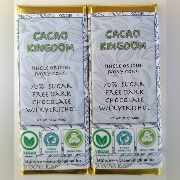 70% Sugar Free Dark Chocolate, Ivory Coast for wholesale by Cacao Kingdom, LLC