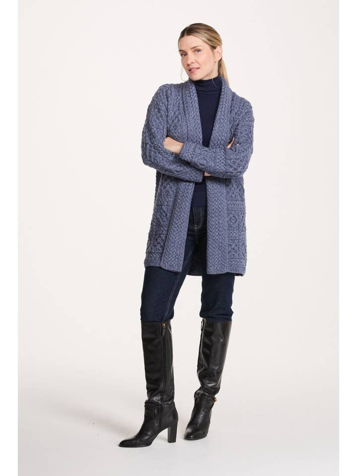 Aran Woollen Mills - Wholesale Cardigan - Women's - Tara Ladies Merino Aran Long Shawl Cardigan - Denim5