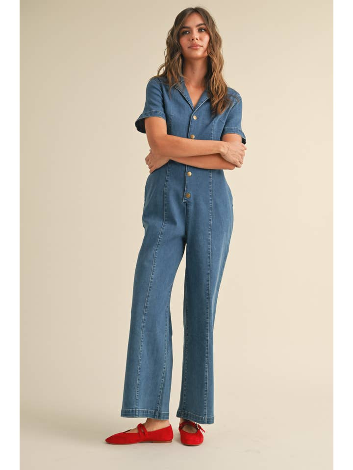 JU3631 STRETCH DENIM BUTTONDOWN JUMPSUIT for wholesale on Faire