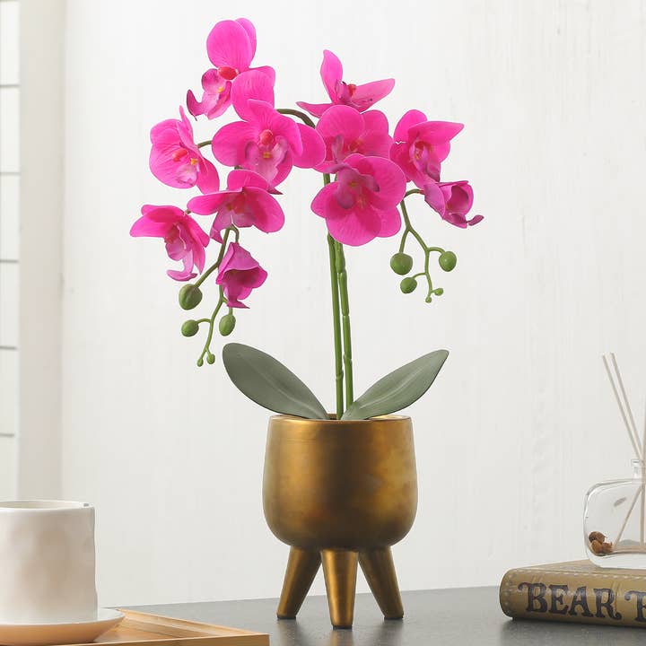 Forever Leaf - Wholesale Artificial Flowers - Artificial Purple Orchid Flower in Gold Pot