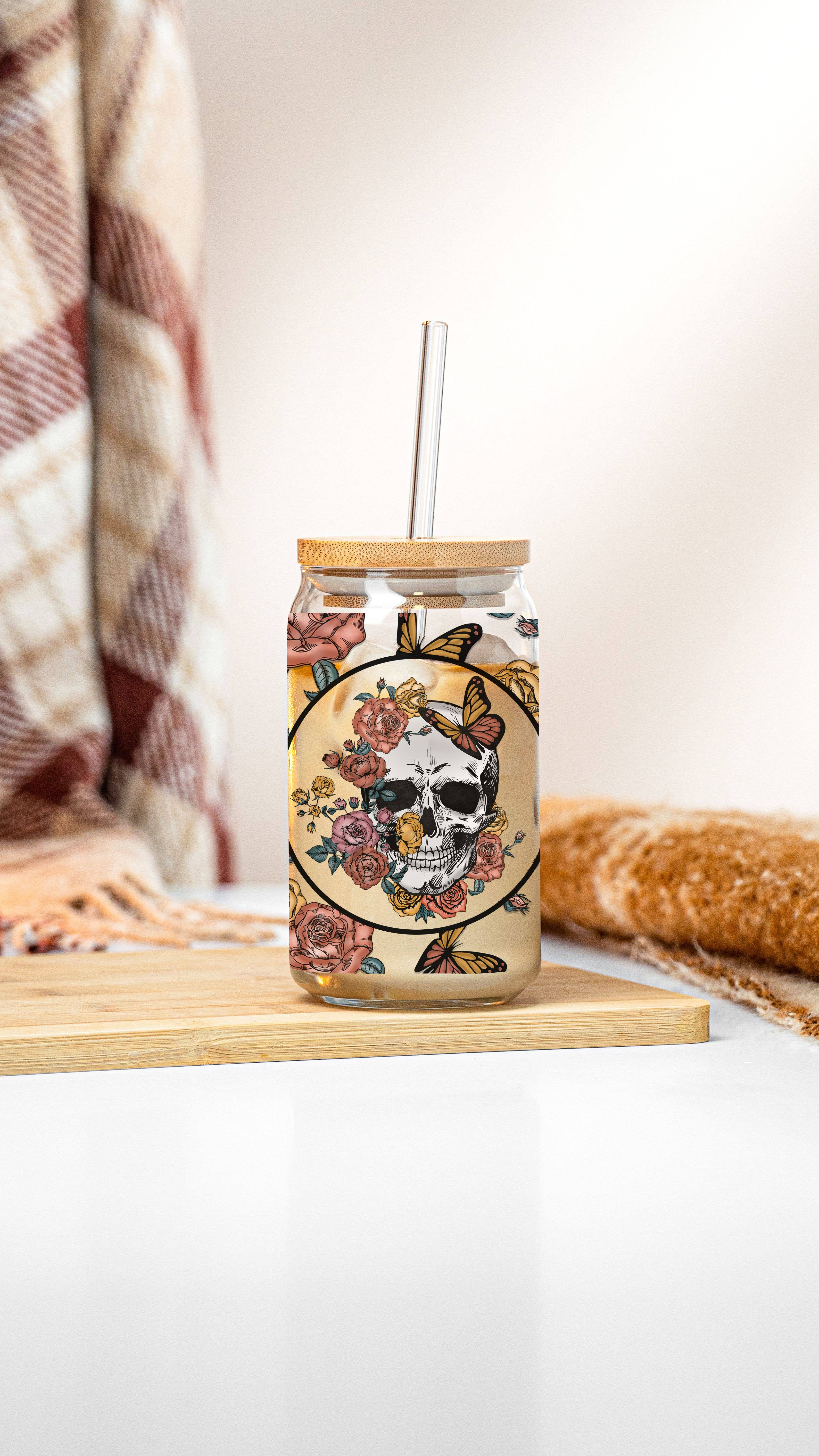 Emma and G Designs - Wholesale Drinking Glass/Cup - Skull Floral Can Clear Glass | GLASS ONLY2