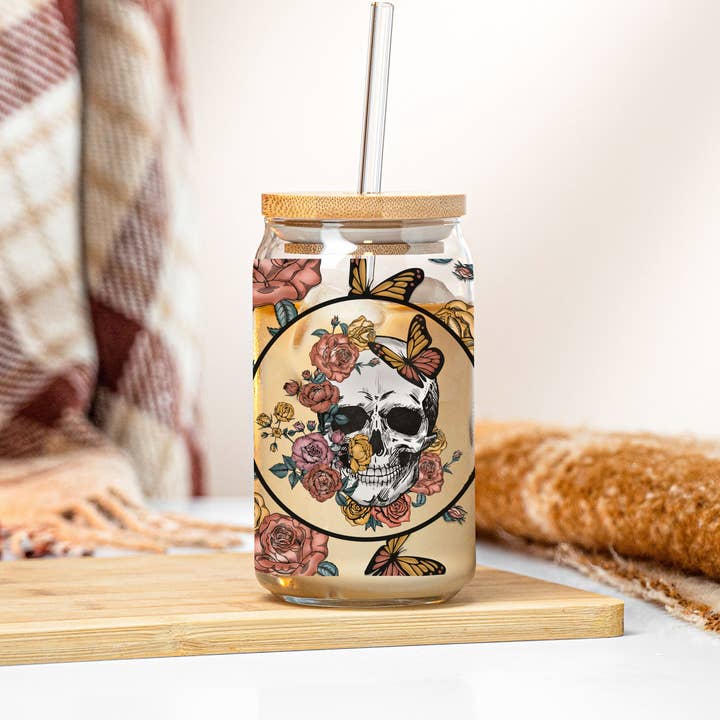 Emma and G Designs - Wholesale Drinking Glass/Cup - Skull Floral Can Clear Glass | GLASS ONLY2