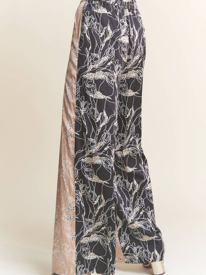Champagne Black Satin Multi Pattern Color Block Wide Leg Slacks for wholesale on Faire5