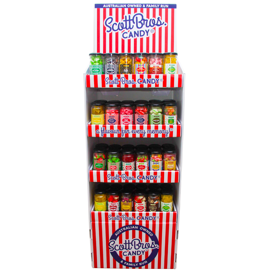 Scott Bros. CANDY - Wholesale Retailer Display - Food & Drink - 24 Flavours Floor Stand Set #1 = 288 Jars3