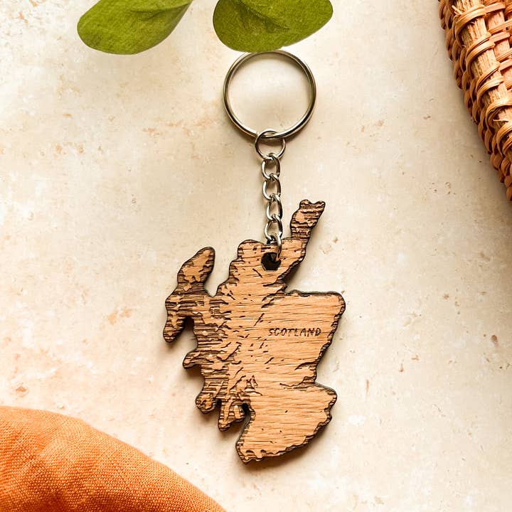 Scotland Map Wooden Keyring for wholesale by Alfalfa Designs