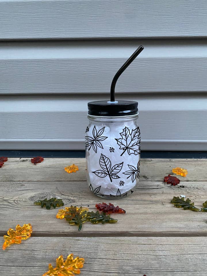 Fall Leaves Outline Drink Ware | Fall Glass Jar | Rising River Co for wholesale by Rising River Co
