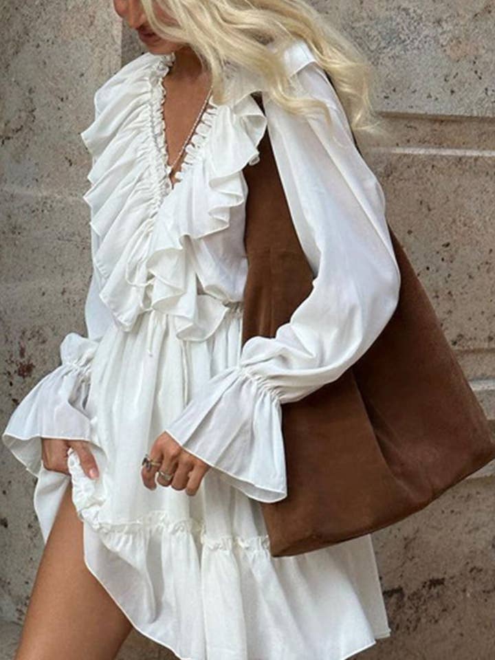 V Neck Pleated Trumpet Sleeve Ruffle Dress for wholesale by Red Clover USA