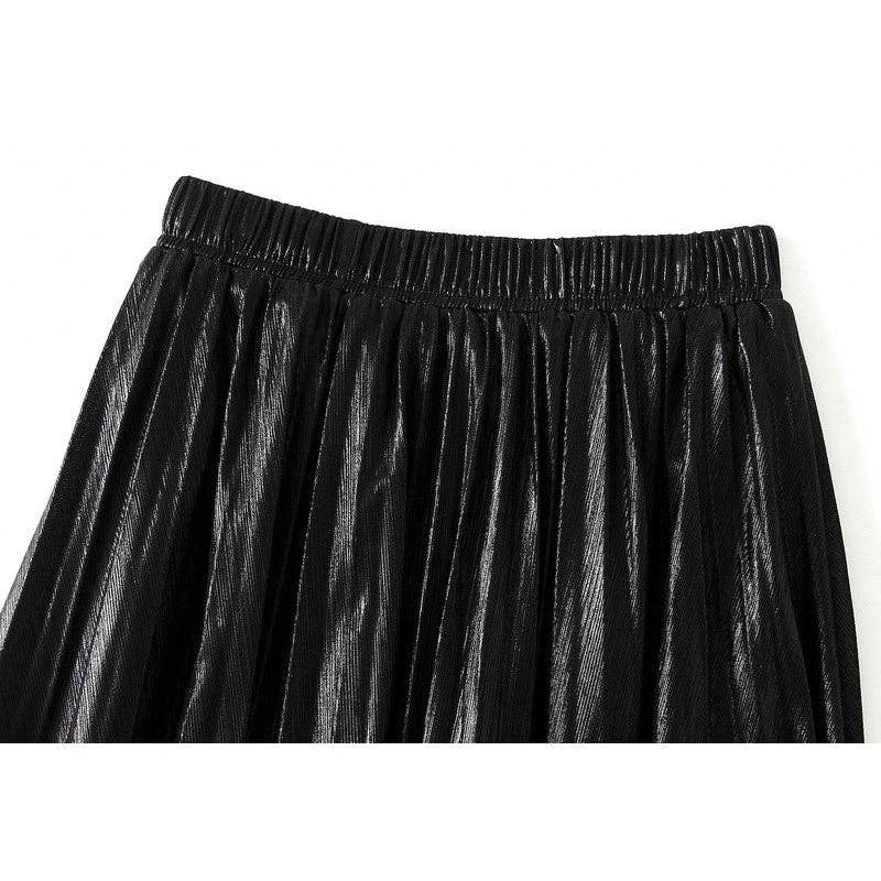 UZ Wholesale Store - Vente Jupe – femme - Jupe trapèze plissée métallique avec taille élastique de couleur unie1