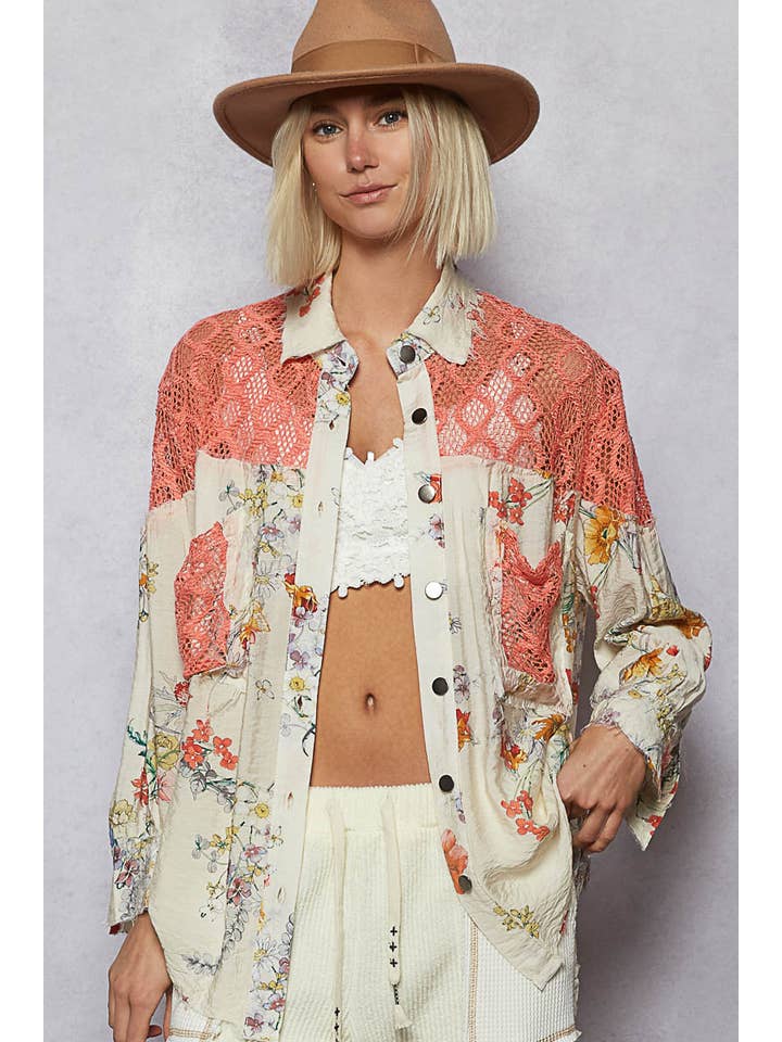 Pol Clothing - Wholesale Button Down Shirt - Women's - Full sleeves contrast floral printed shirt top