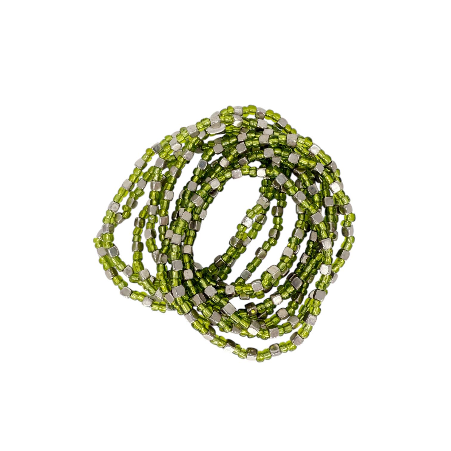Maka Imports - Wholesale Beaded Bracelet - Brass Bead Stretch Stacker Bracelet, Pack of 10 Green/Silver