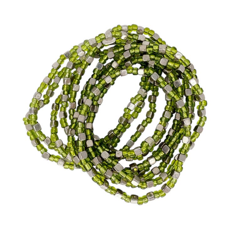 Brass Bead Stretch Stacker Bracelet, Pack of 10 Green/Silver for wholesale by Maka Imports