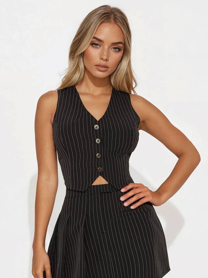 ENSEMBLE GILET À COL EN V À RAYURES ET JUPE PLISSÉE MINI pour la vente par 5besties inc