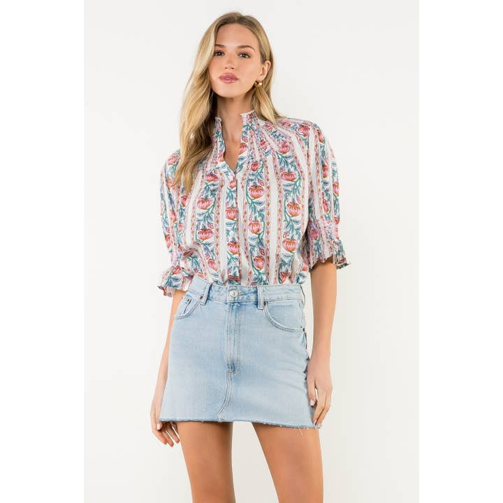CREAM Smocked Neck Puff Sleeve Floral Top for wholesale on Faire