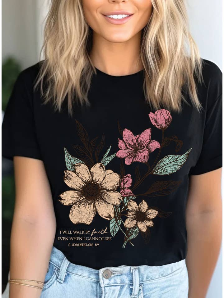Rustee Clothing - Wholesale Screen Printed T-Shirt - Women's - I WILL WALK FAITH FLORAL GRAPHIC TSHIRTS
