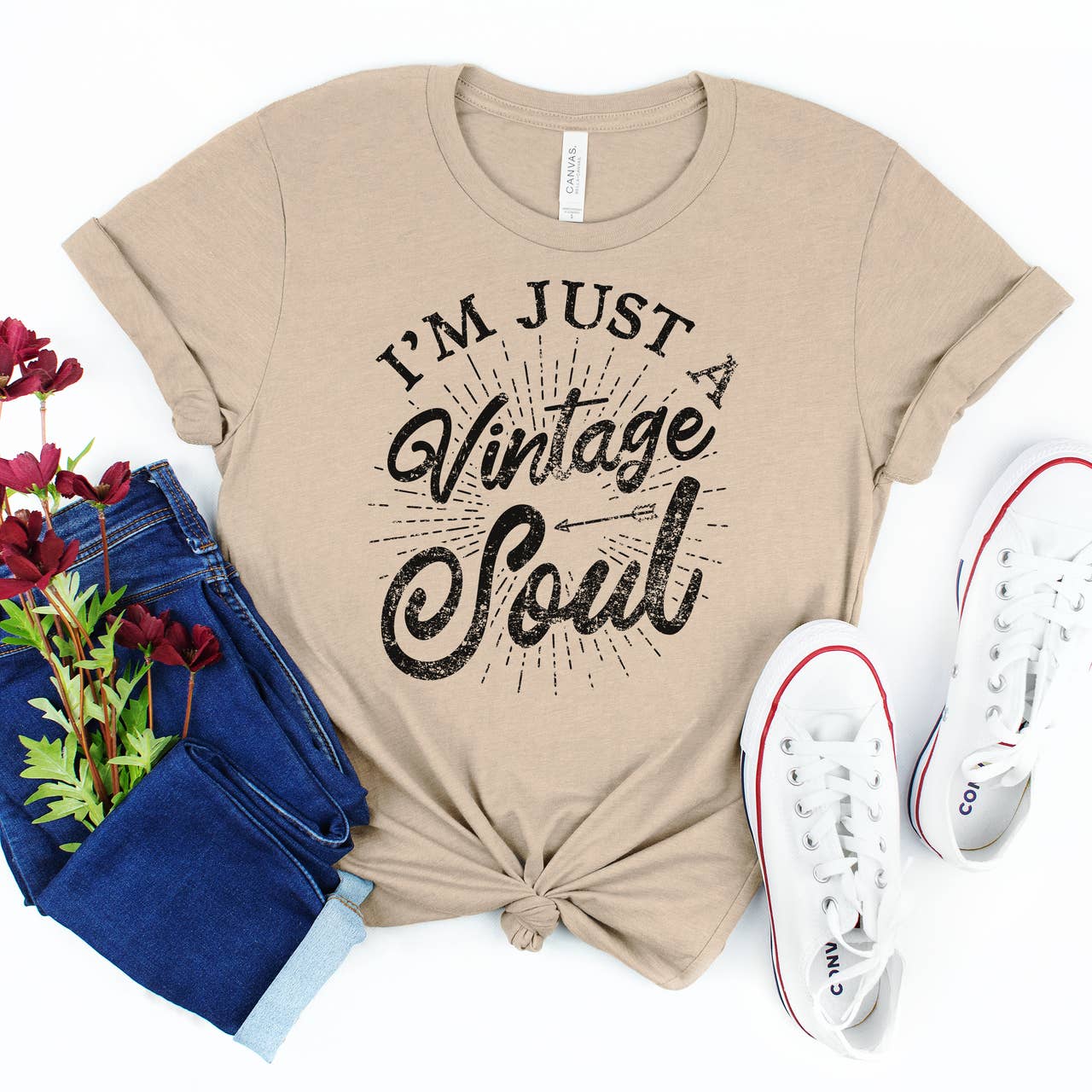 Simply Tees - Wholesale Screen Printed T-Shirt - Women's - I'm Just A Vintage Soul Heather Tan Tee0