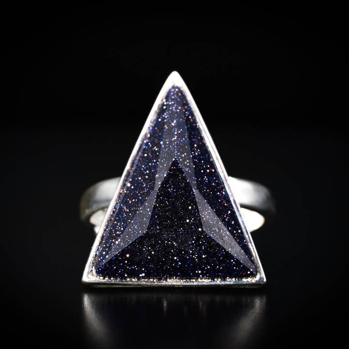 Black Feather Design – wholesale Cocktail/statement ring – Geometric Blue Goldstone Ring - 925 Silver - Adjustable3